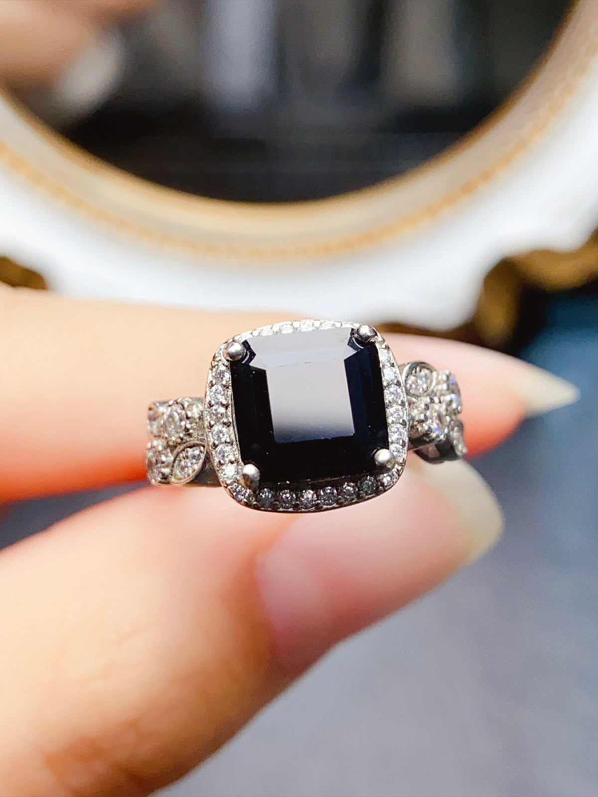 Natural Square Black Gemstone Ring