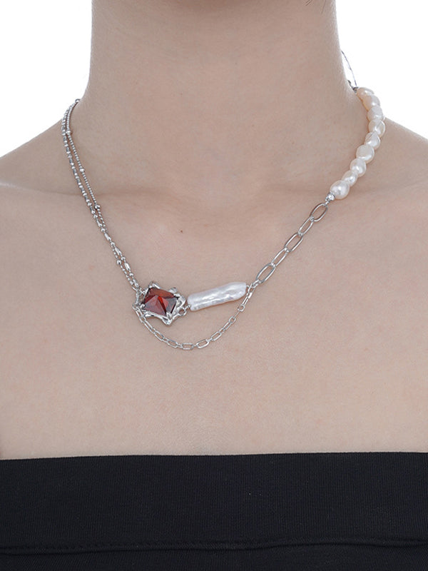 Red Zircon Pearl Chain Necklace