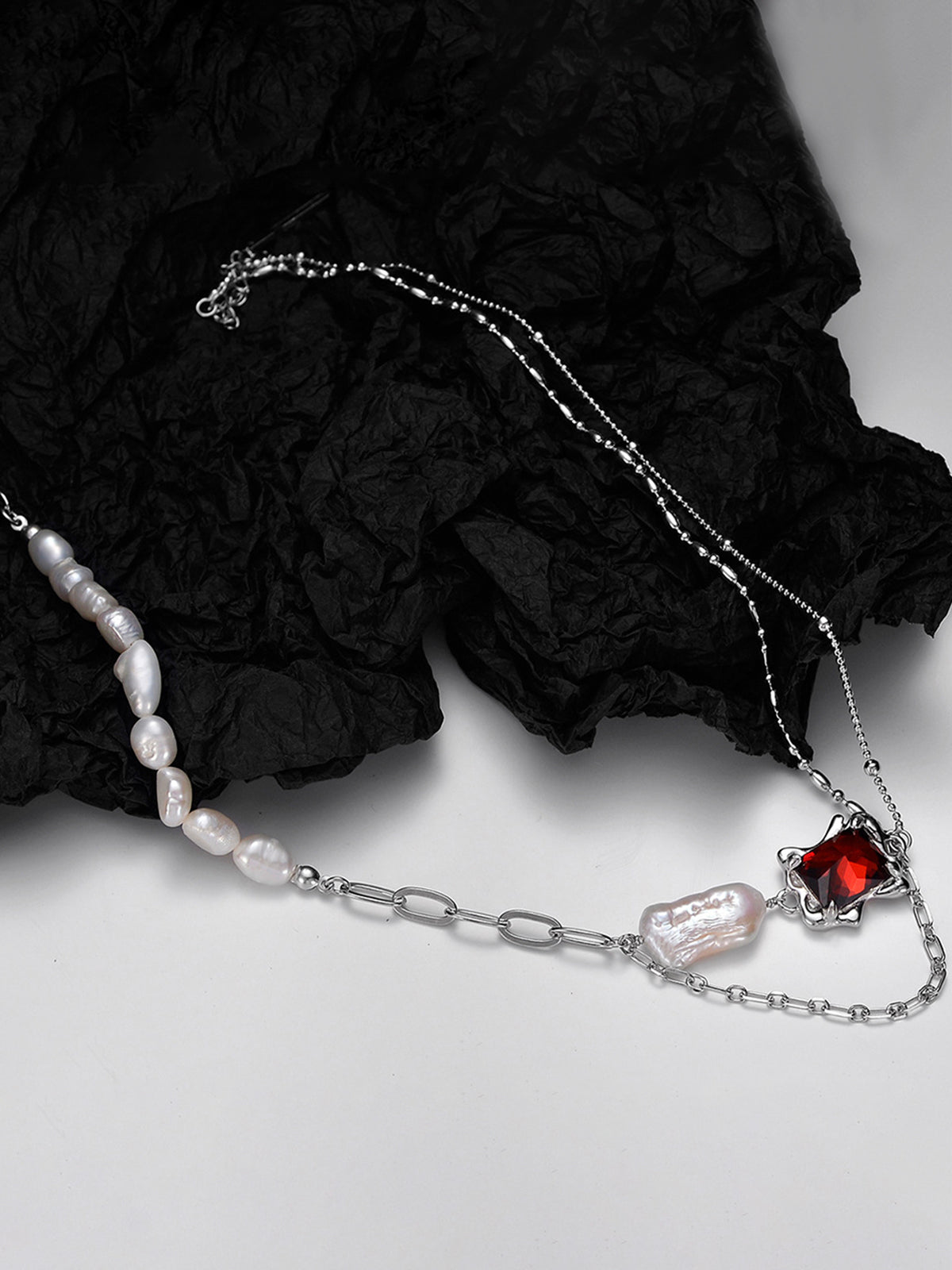 Red Zircon Pearl Chain Necklace