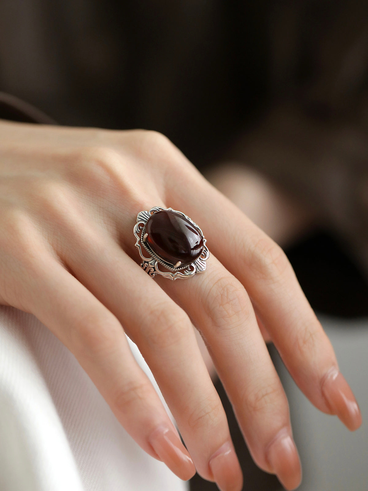 Blood Amber Pattern Cabochon Ring