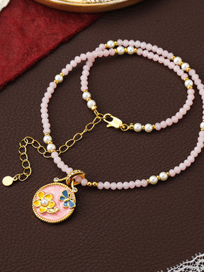 Flower & Butterfly Pendant Glass Bead Necklace