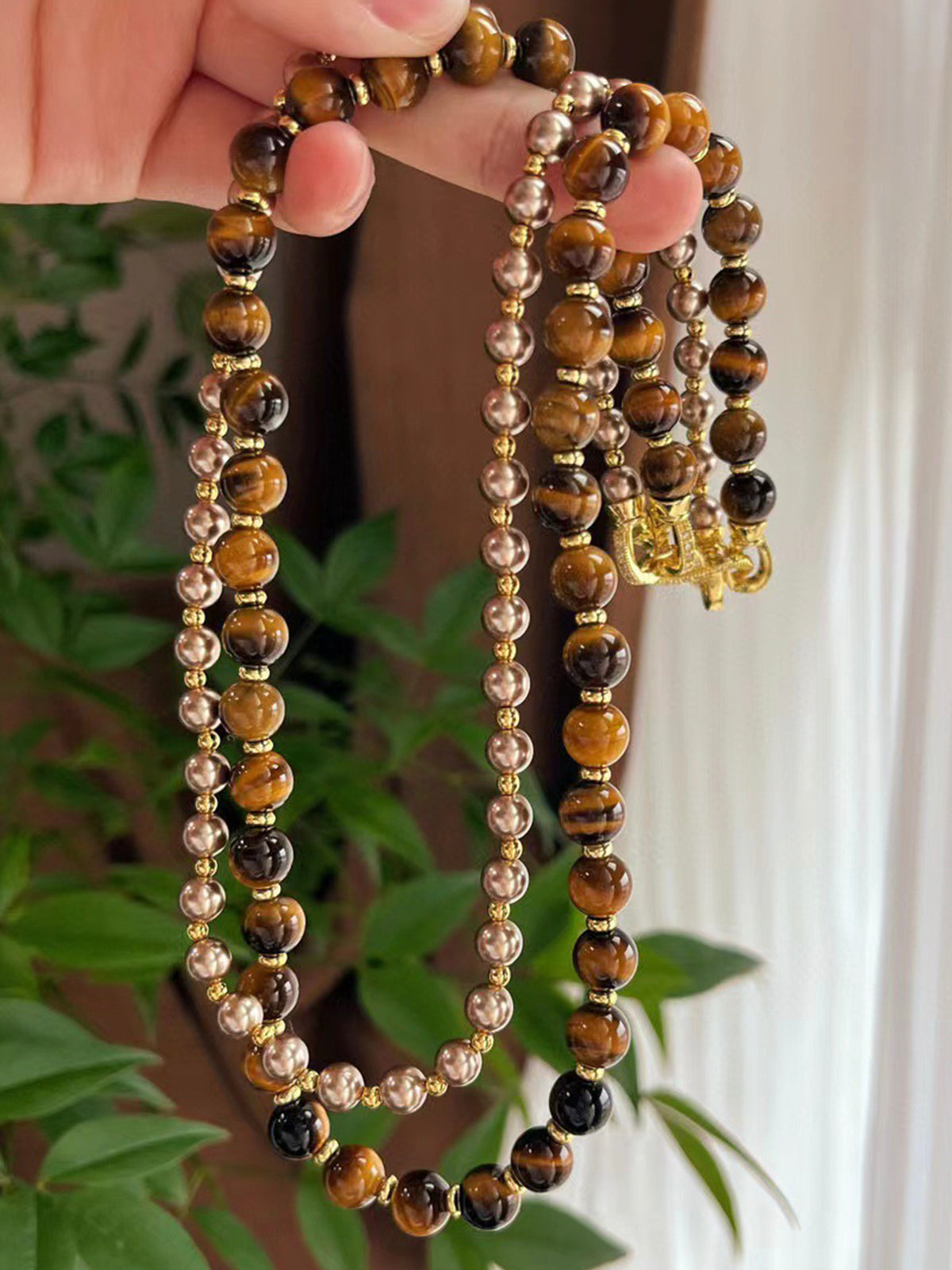 Detachable Tiger Eye Stone Pearl Necklace