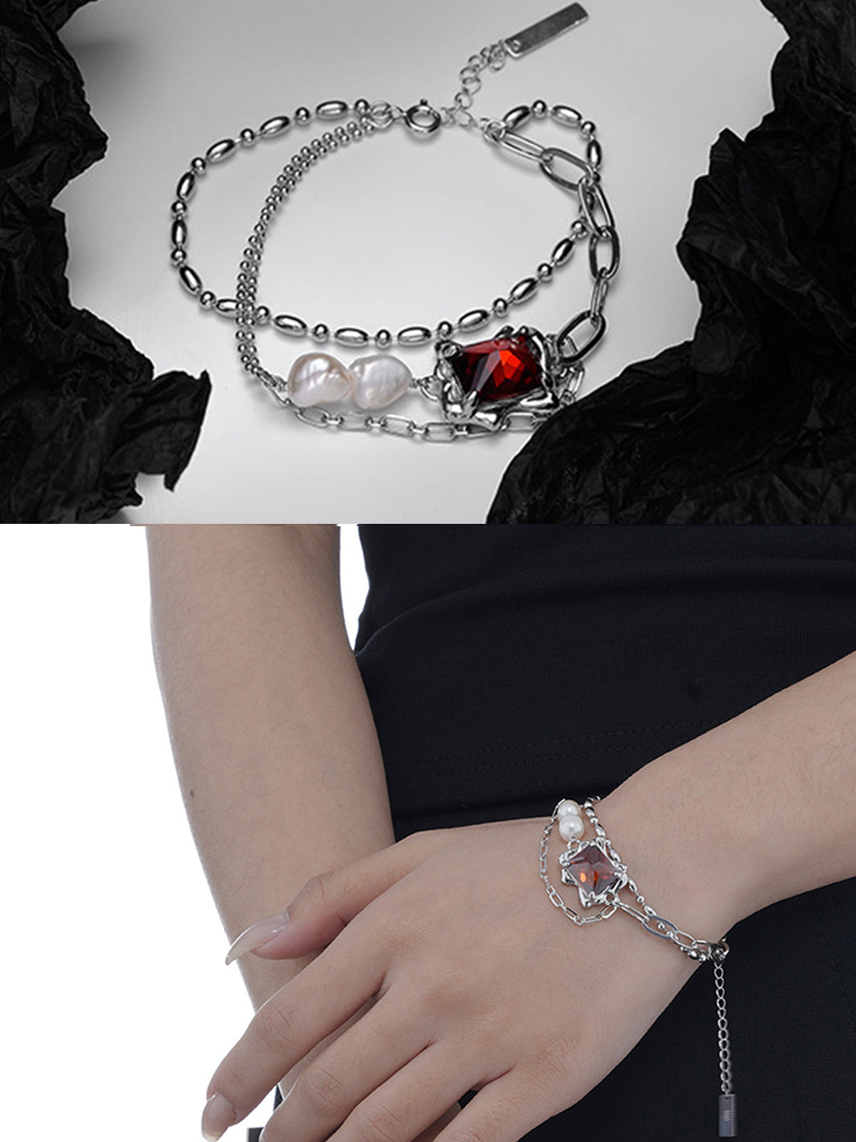 Red Zircon Pearl Chain Bracelet