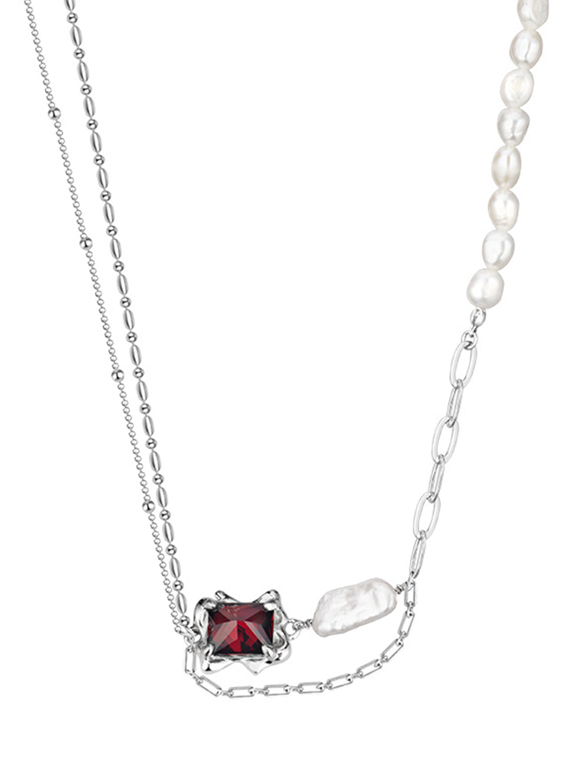 Red Zircon Pearl Chain Necklace