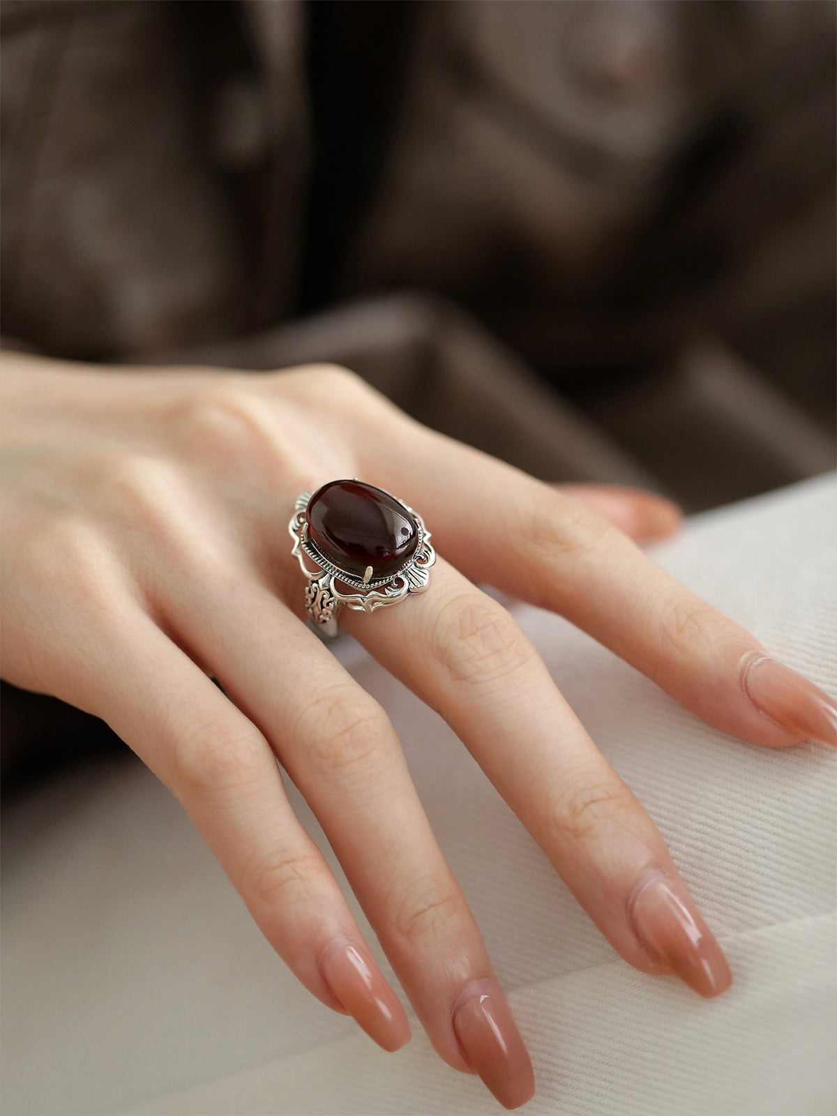 Blood Amber Pattern Cabochon Ring