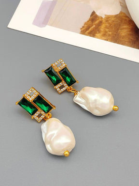 Baroque Pearl Rectangle Zircon Earrings