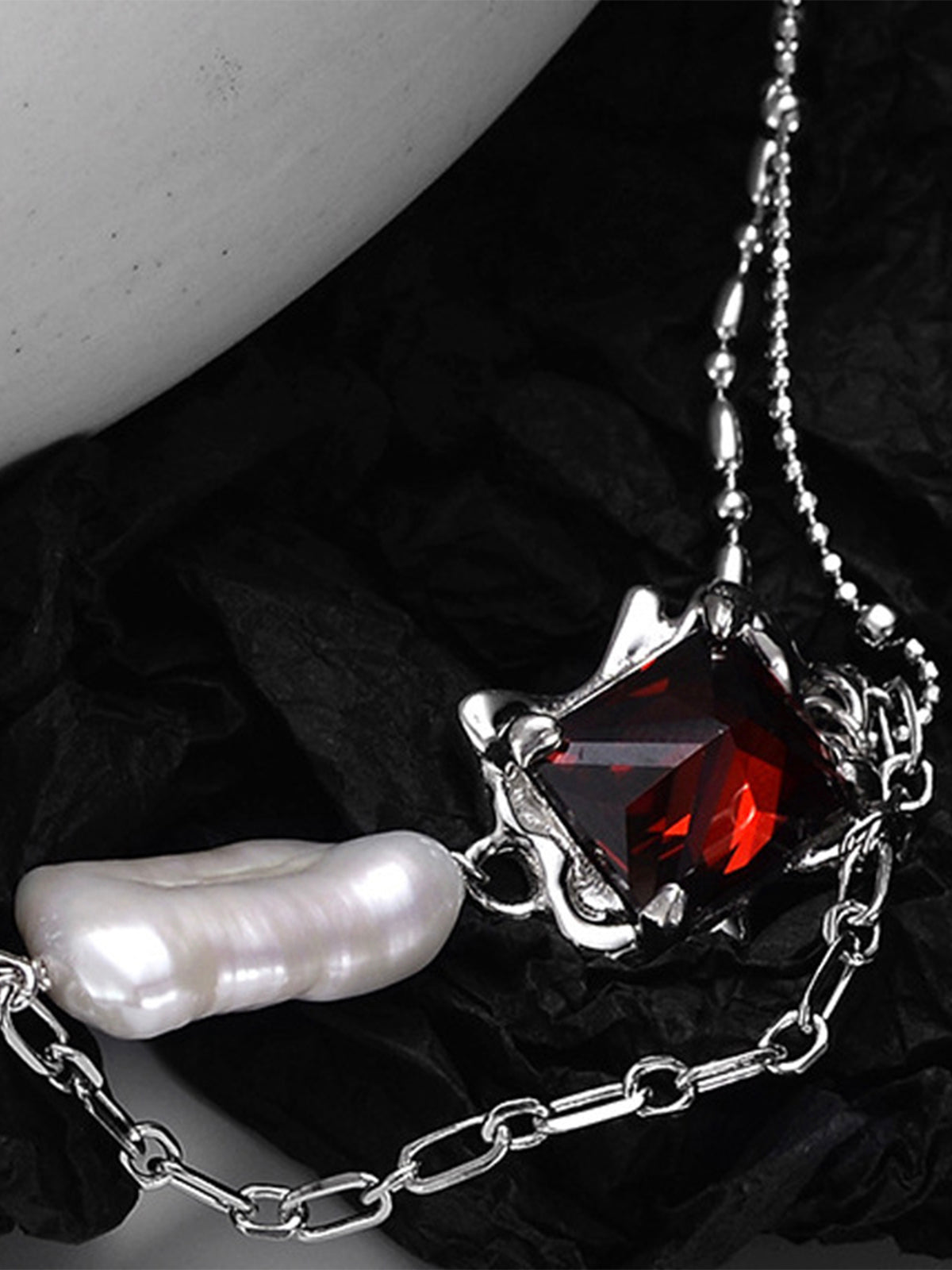 Red Zircon Pearl Chain Necklace