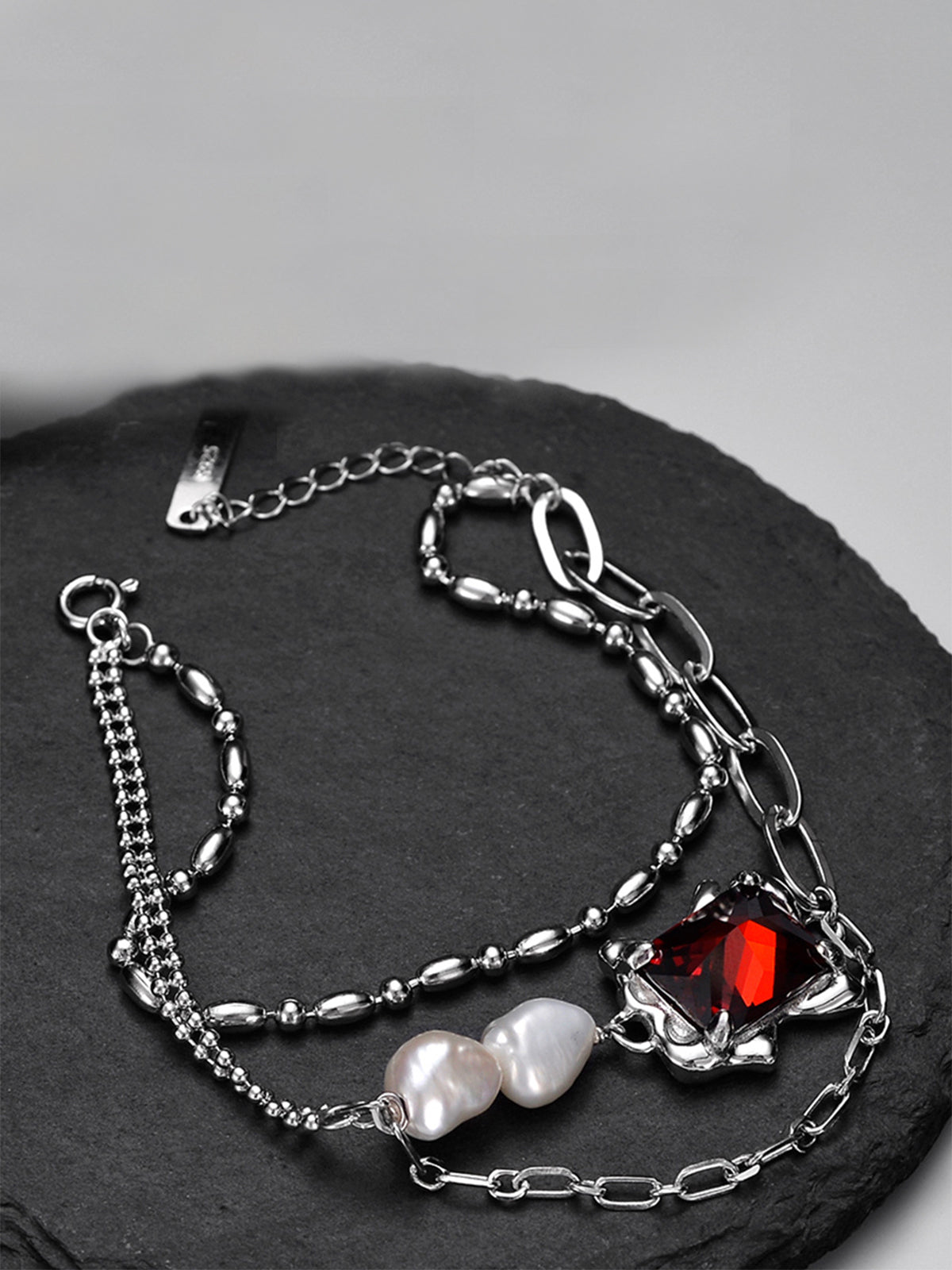 Red Zircon Pearl Chain Bracelet