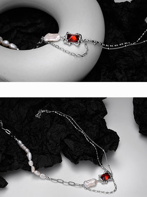 Red Zircon Pearl Chain Necklace