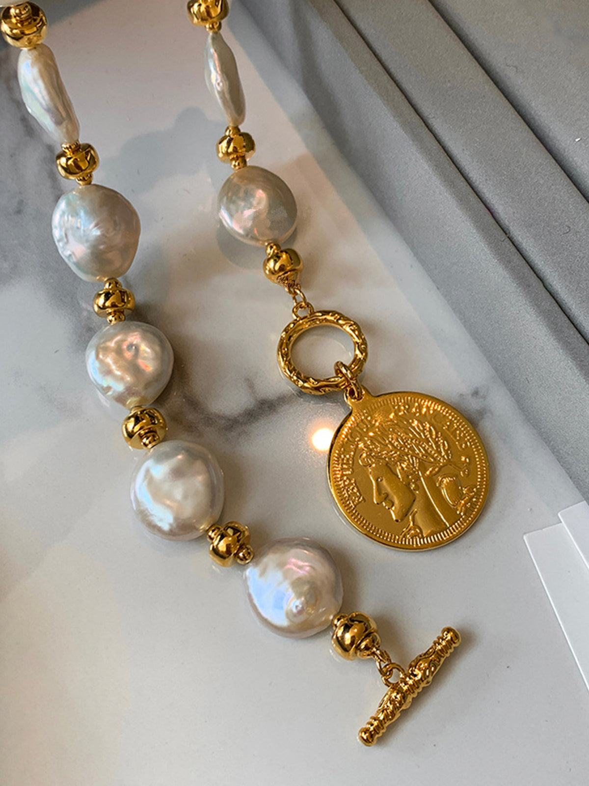 Flat Pearl Coin Necklace