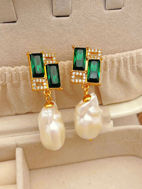 Baroque Pearl Rectangle Zircon Earrings