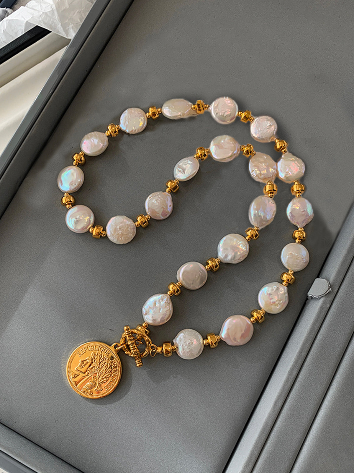 Flat Pearl Coin Necklace